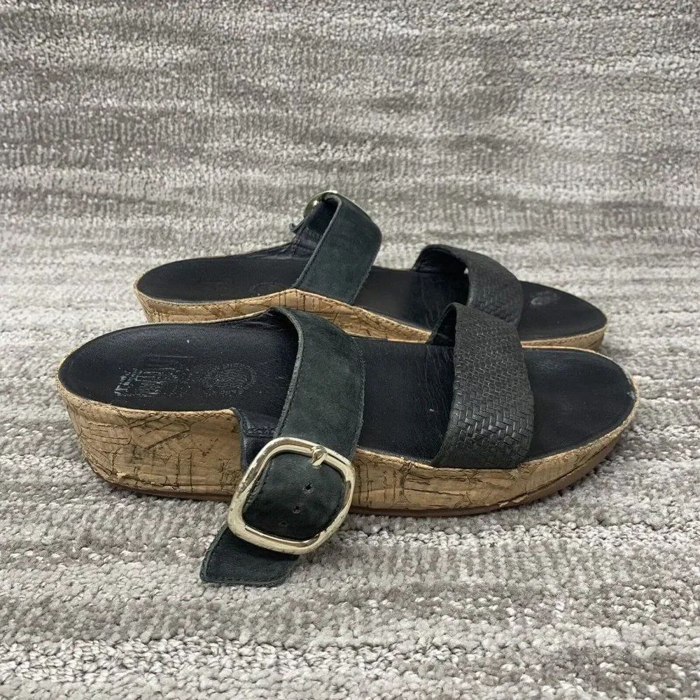 FitFlop Womens slide sandal leather black buckle straps Cork Size 6